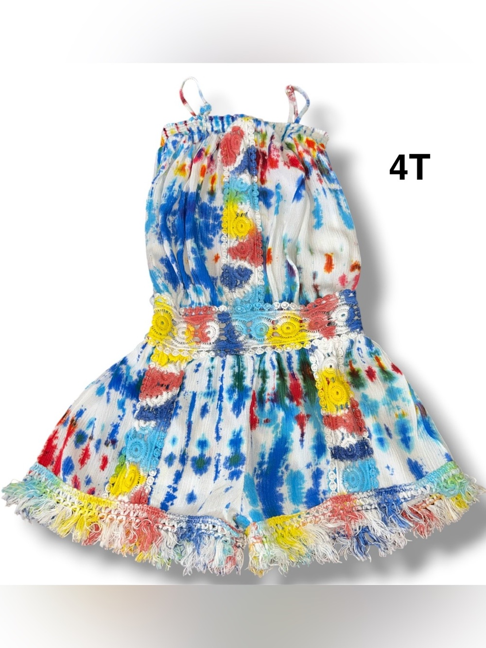 Colorful Tie-Dye Girls Romper with Crochet Trim